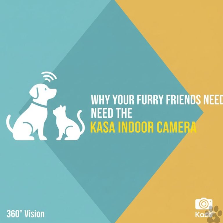 A vibrant, modern graphic with a teal and yellow geometric background featuring the title 'Why Your Furry Friends Need the Kasa Indoor Camera.' The design includes white silhouettes of a dog and a cat, a '360° Vision' label, and the Kasa logo in the bottom corner.