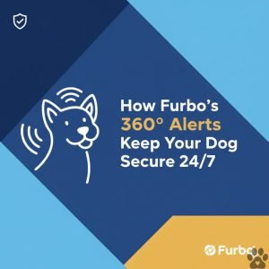 A professional graphic with a blue and navy geometric background featuring the title 'How Furbo’s 360° Alerts Keep Your Dog Secure 24/7' in white and gold text. The design includes a line-art illustration of a dog with signal waves, a security shield icon, and the Furbo logo in the bottom corner.