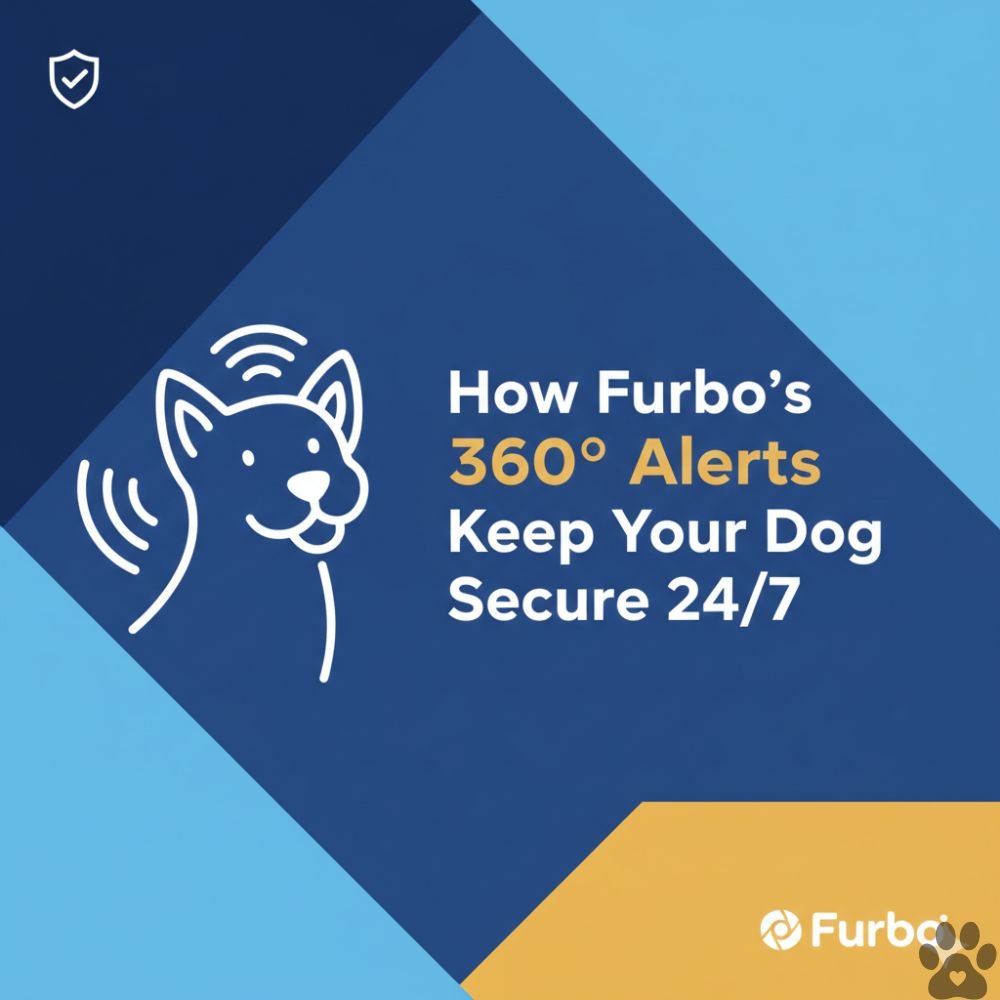 A professional graphic with a blue and navy geometric background featuring the title 'How Furbo’s 360° Alerts Keep Your Dog Secure 24/7' in white and gold text. The design includes a line-art illustration of a dog with signal waves, a security shield icon, and the Furbo logo in the bottom corner.