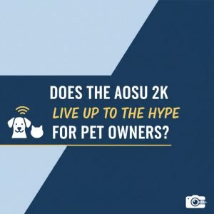 A clean, professional graphic with a navy and light blue geometric background featuring the text 'Does the Aosu 2K Live Up to the Hype for Pet Owners?' in bold white and yellow font. Small pet icons and a camera lens symbol are included in the corners."