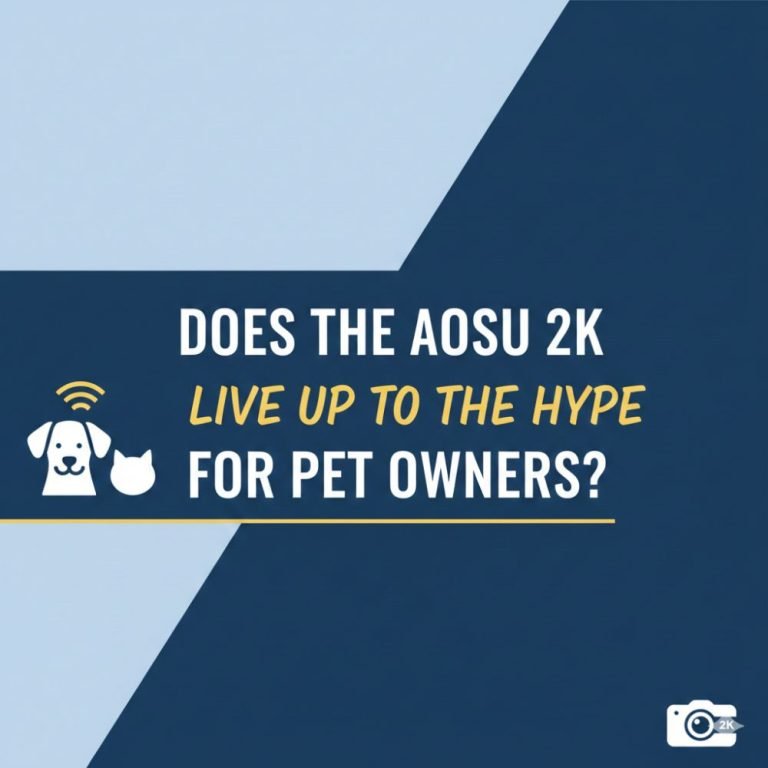 A clean, professional graphic with a navy and light blue geometric background featuring the text 'Does the Aosu 2K Live Up to the Hype for Pet Owners?' in bold white and yellow font. Small pet icons and a camera lens symbol are included in the corners."