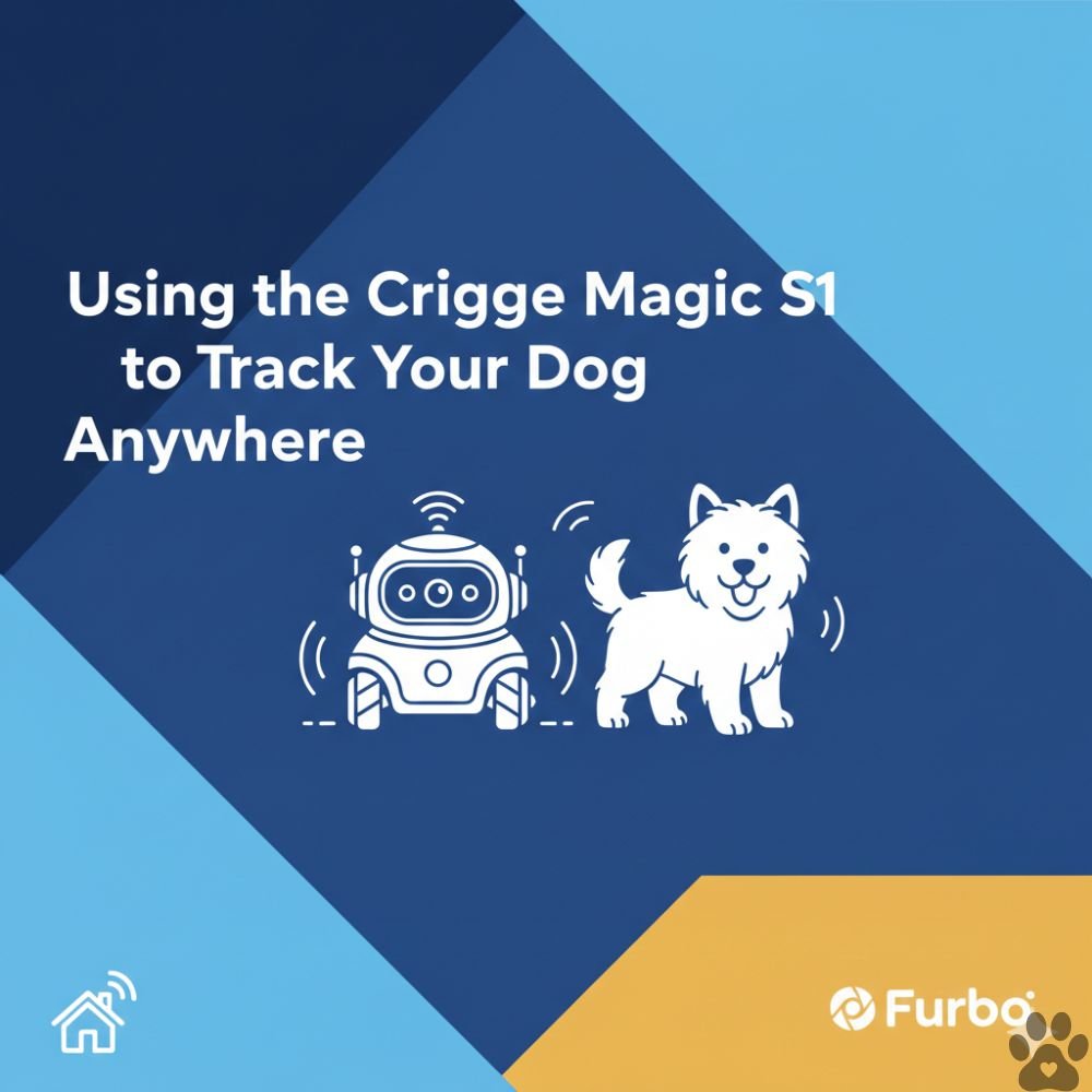 A modern graphic with a blue and navy geometric background featuring the title 'Using the Crigge Magic S1 to Track Your Dog Anywhere' in bold white text. The design includes white line-art icons of a small patrol robot and a happy dog, with a smart home icon in the bottom corner.