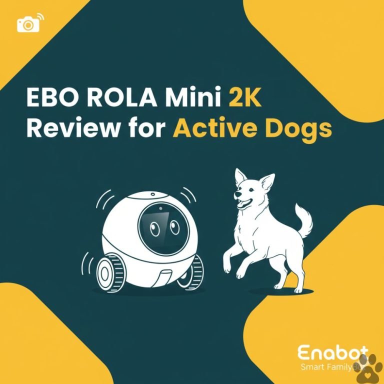 A modern, playful graphic with a dark teal background and bright yellow organic shapes. The text reads 'EBO ROLA Mini 2K Review for Active Dogs' in bold white and yellow font. Below the text, a white line-art illustration shows a round robot with wheels interacting with an excited dog. The Enabot 'Smart FamilyBot' logo is in the bottom right corner.
