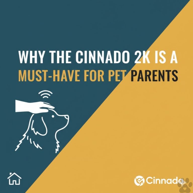 A professional graphic with a split teal and gold background featuring the title 'Why the Cinnado 2K is a Must-Have for Pet Parents' in bold white and dark text. The design includes a white line-art illustration of a hand petting a dog with a signal icon above it, along with a smart home icon and the Cinnado logo at the bottom."