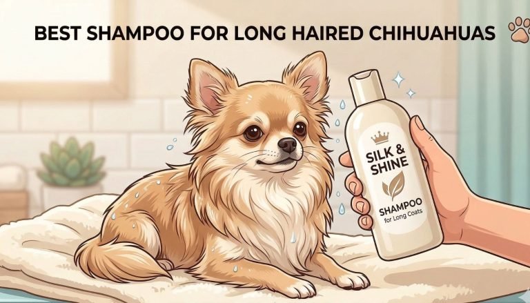 an image of shampoo and long haired chihuahua
